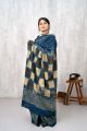 Blue and cream cotton ajrakh hand block print saree