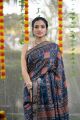 Blue and orange block print muga silk saree