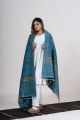 Turquoise Pure Merino Wool Handwoven Kutch Shawl with Tussar Accents