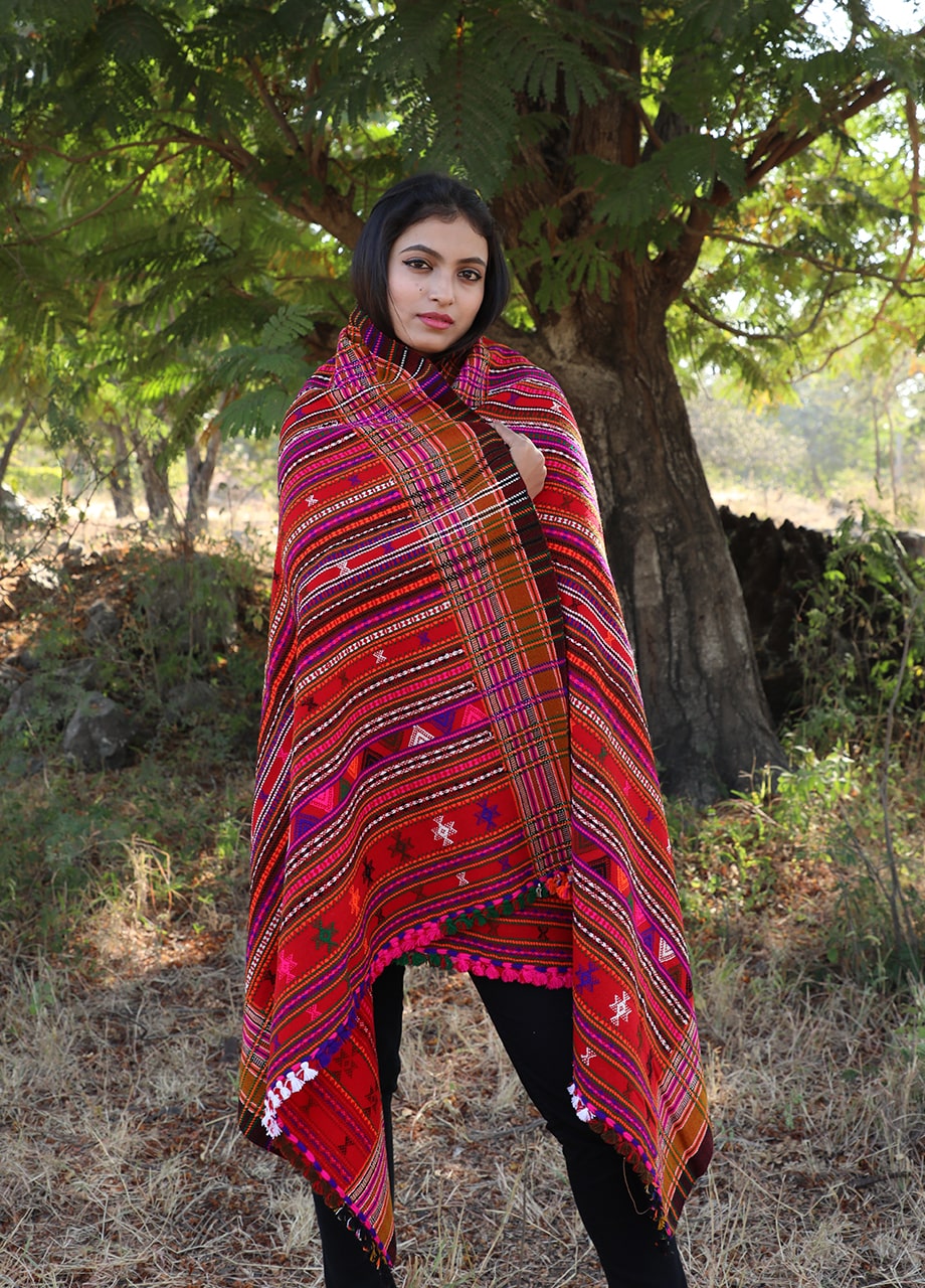 Red Kutchi Handcrafted Woolen Shawl for Winter