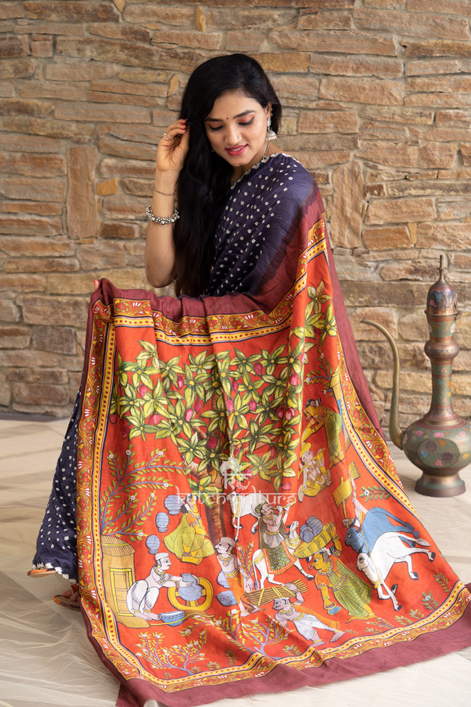 Chiniya Silk Bandhni with Pichwai Print Saree