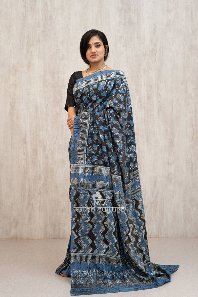 Cotton Batik hand block print saree- Midnight blue