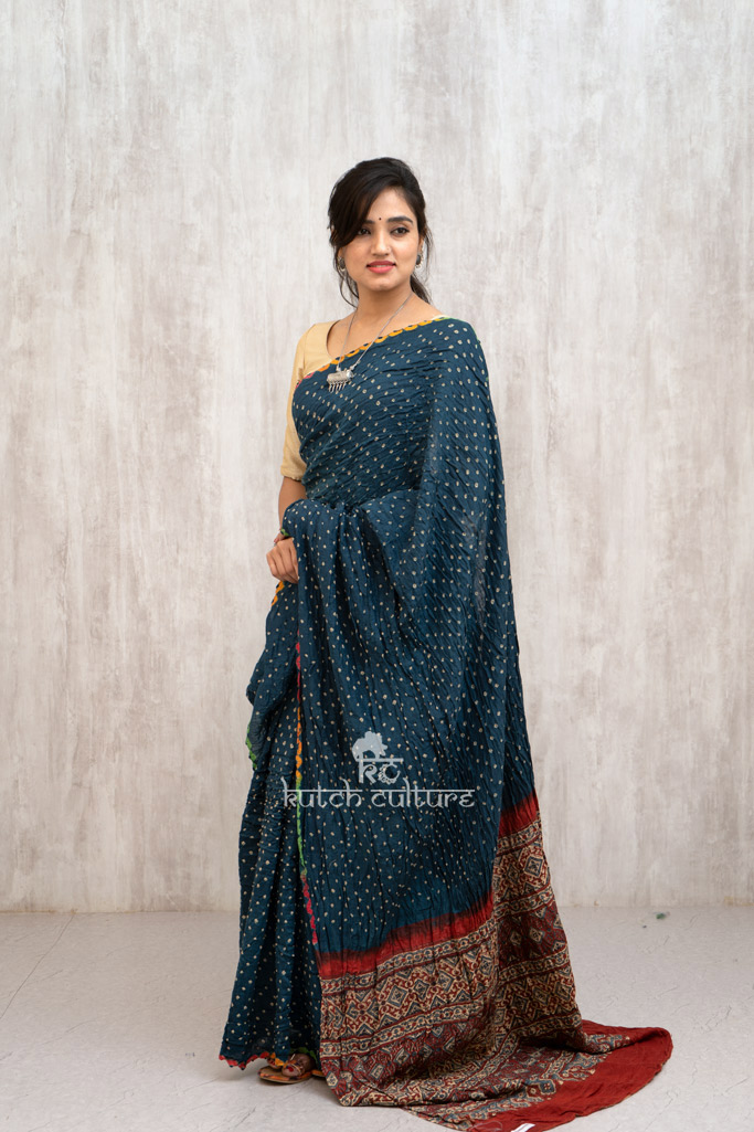 Double Shaded Dark Green Bandhani Saree Online at Best Price