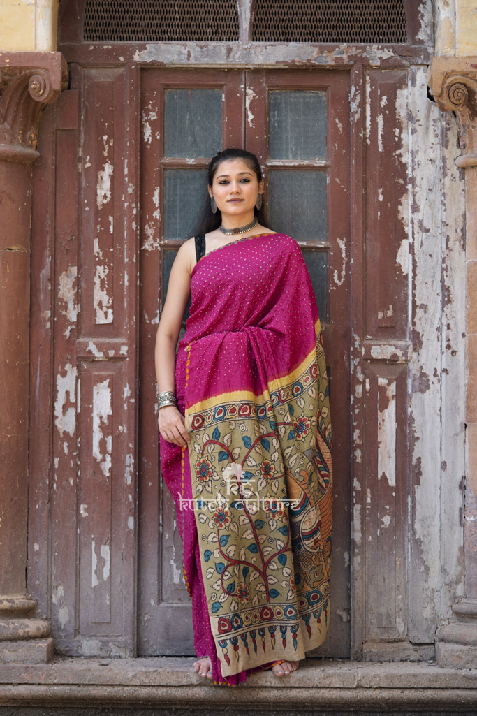 Muga silk Kalamkari with Bandhni saree Rani Pink