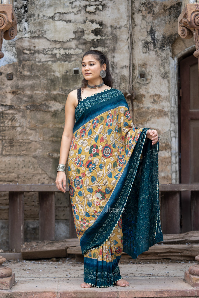 Muga silk Kalamkari with Bandhni saree Peacock Blue/ Yellow