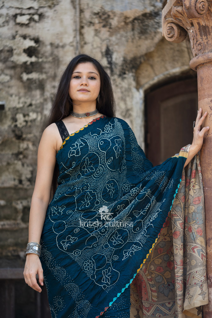 Muga silk Kalamkari with Heavy Bandhni saree Peacock Blue