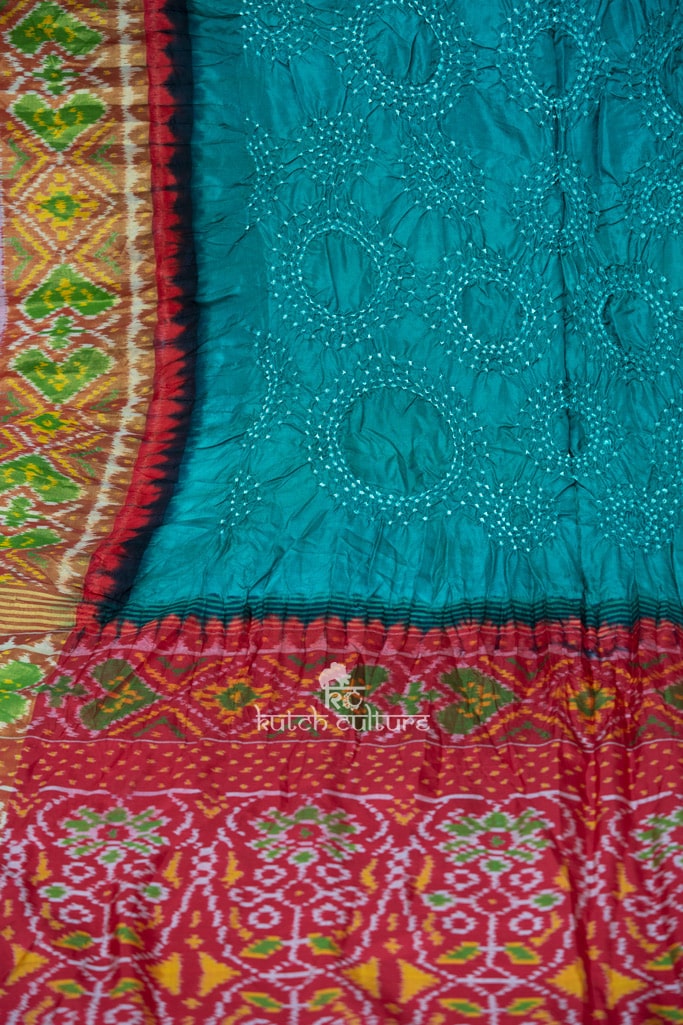 Jashn-Pure Silk Patola with Bandhni saree Sea Green/Red