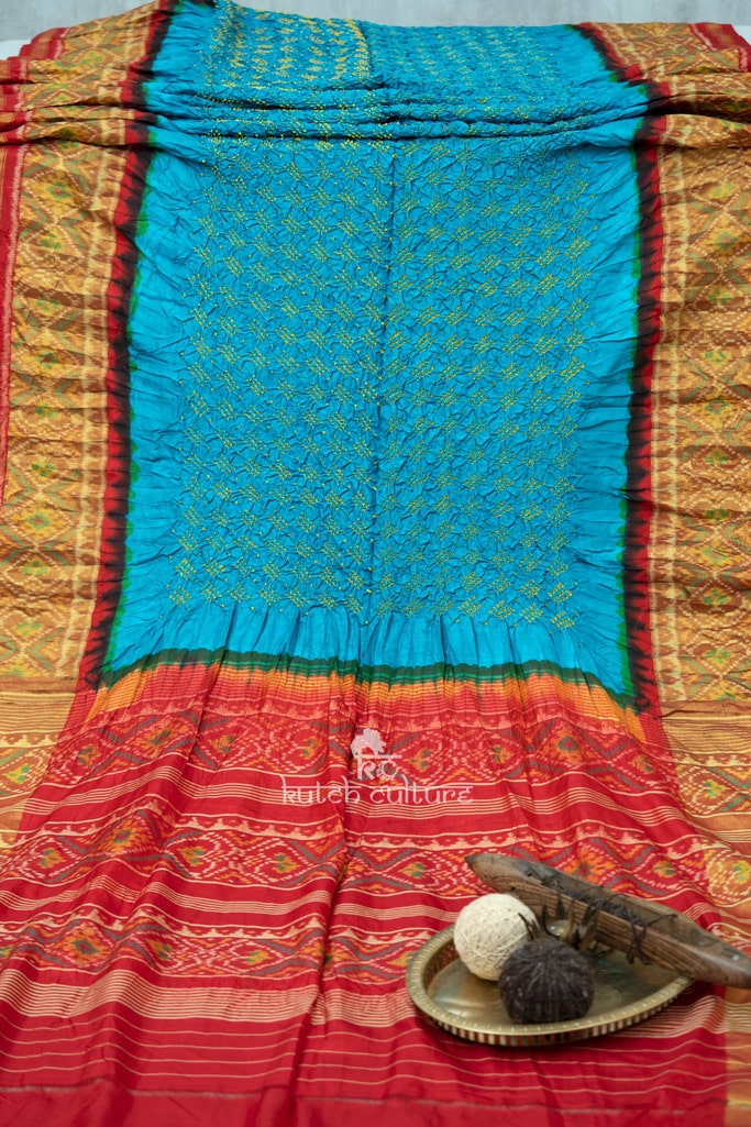 Jashn-Pure Silk Patola with Bandhni saree Turquoise/Red