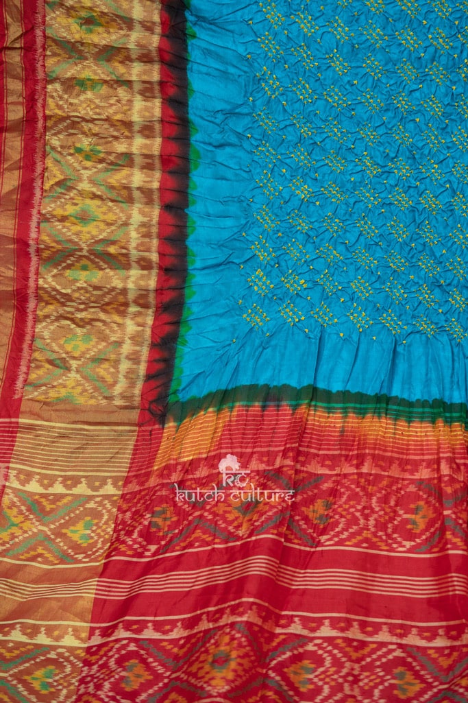 Jashn-Pure Silk Patola with Bandhni saree Turquoise/Red