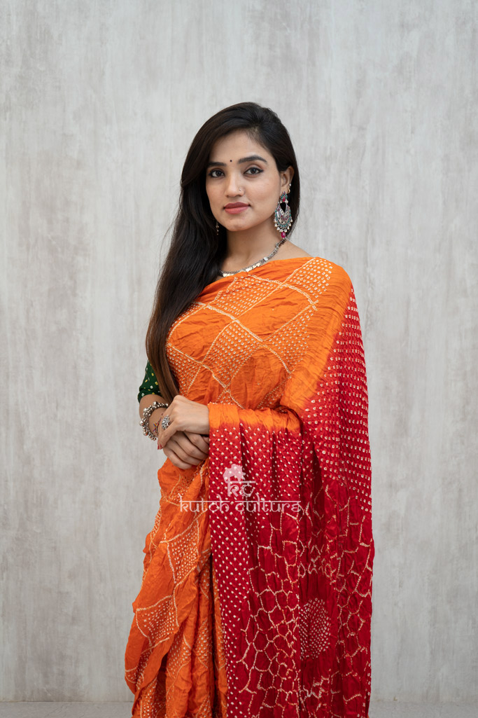 Gajji silk Bandhi saree- orange/ Red