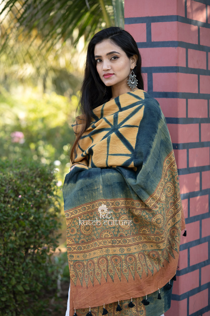 Yellow handmade ajrakh shawl