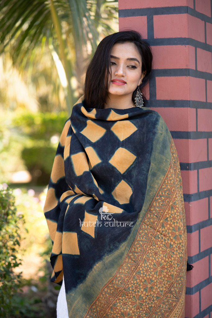 Yellow Indigo natural dye ajrakh woolen shawl
