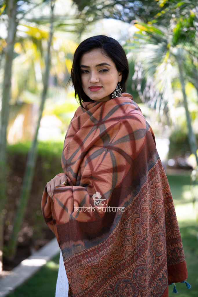 Orange ajrakh woolen shawl