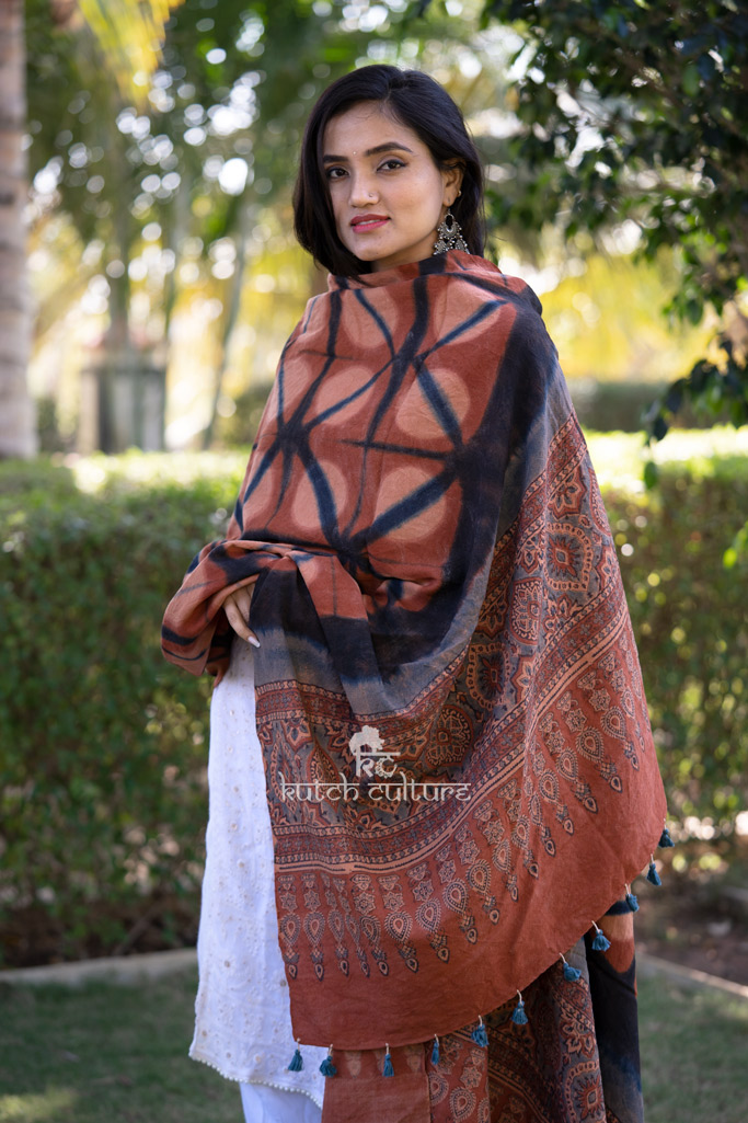 Peach designer ajrakh woolen shawl