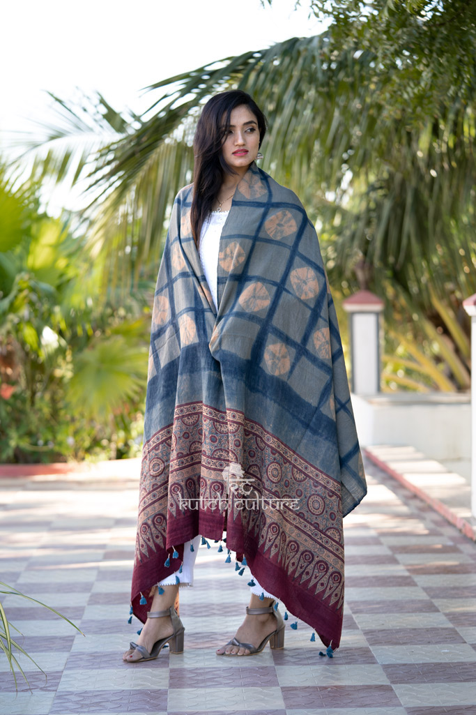 Sky blue designer ajrakh shawl