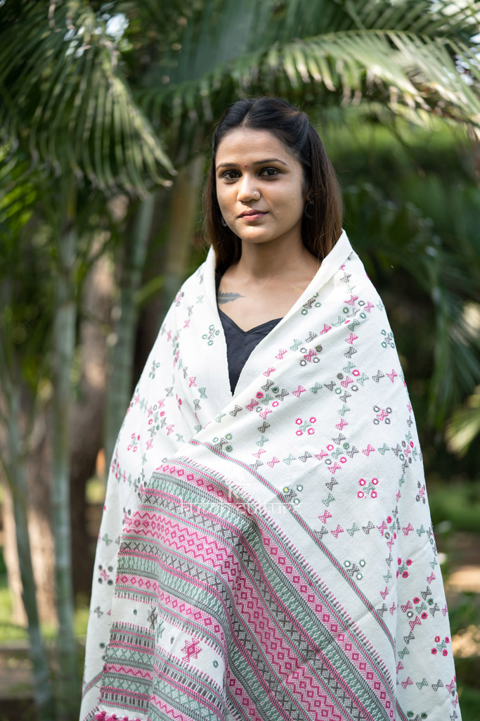 White and pink handwoven shawl for ladies