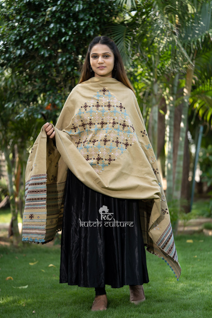 Kutch Hand weaving wool shawl Khakhi /Brown/pastel