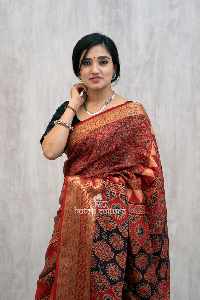 Dola silk ajrakh hand block print saree with zari – Red