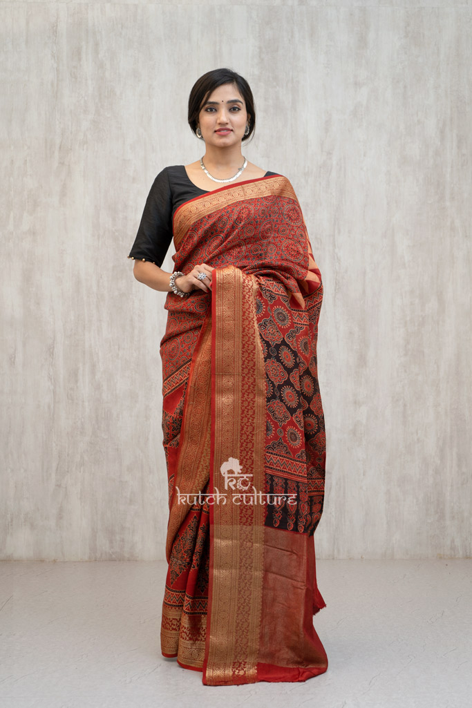 Dola silk ajrakh hand block print saree with zari – Red