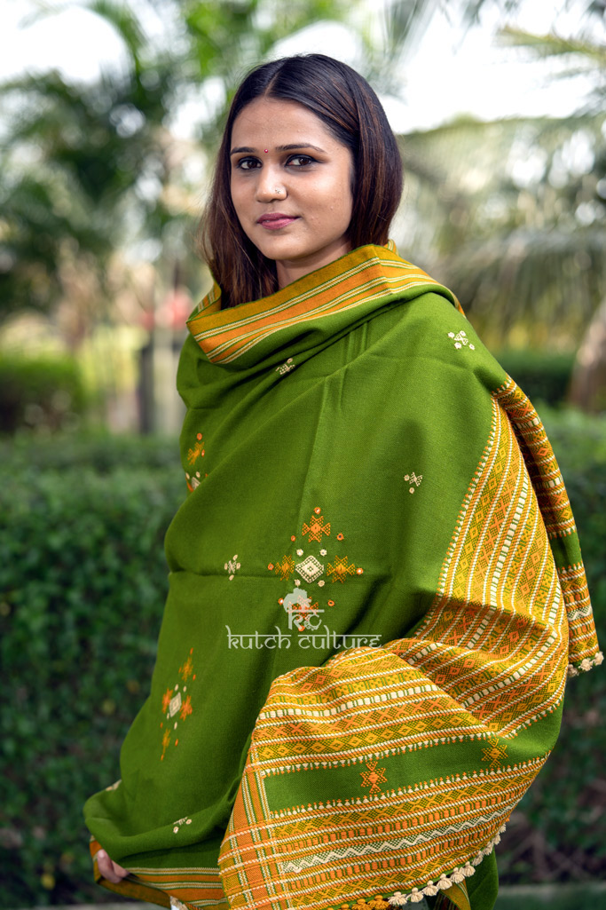 Green and Yellow handwoven woolen shawl