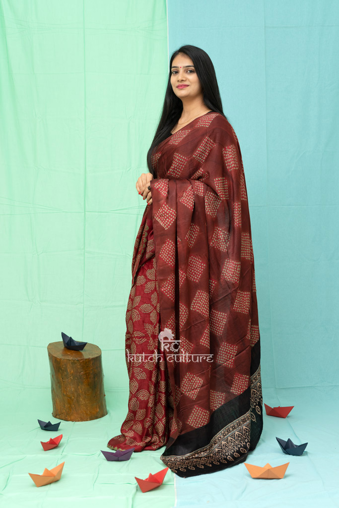 Maroon Gaji silk Bandhni clamp dye and ajrakh saree