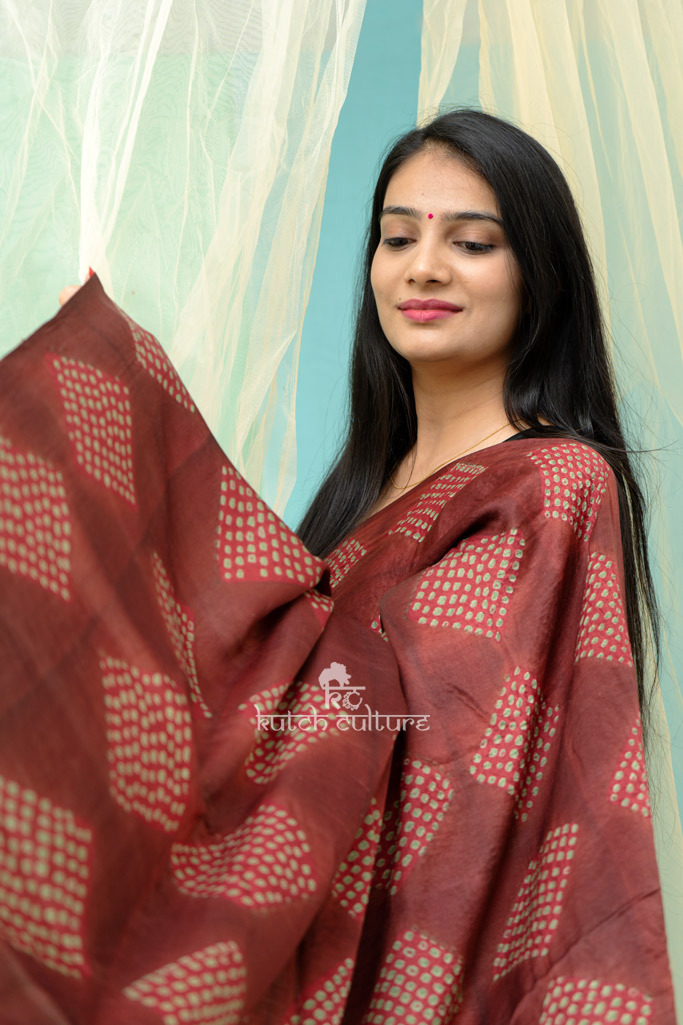 Maroon Gaji silk Bandhni clamp dye and ajrakh saree