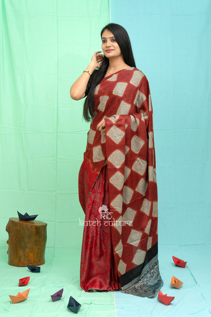 Red Gajji silk Bandhni clamp dye and ajrakh saree