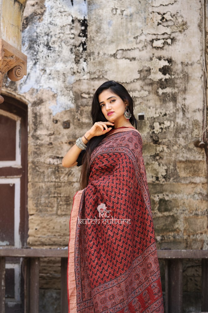 Ananya- Linen Silk Ajrakh Hand Block Print Saree-Red/Black