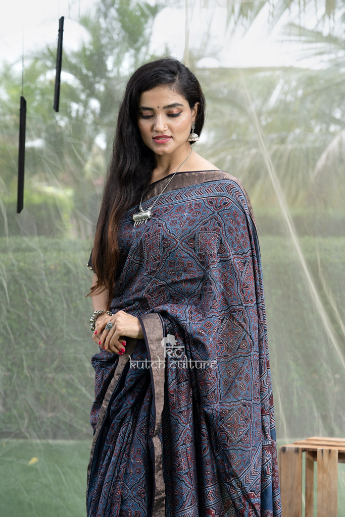 Shailja-Muga silk ajrakh hand block print saree – Indigo