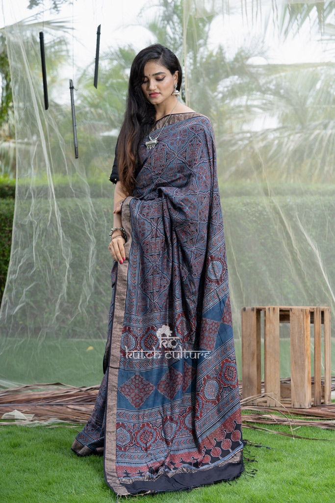 Shailja-Muga silk ajrakh hand block print saree – Indigo