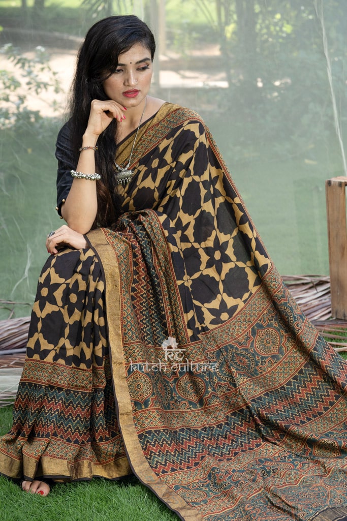Shailja-Muga silk ajrakh hand block print saree – Green/Black
