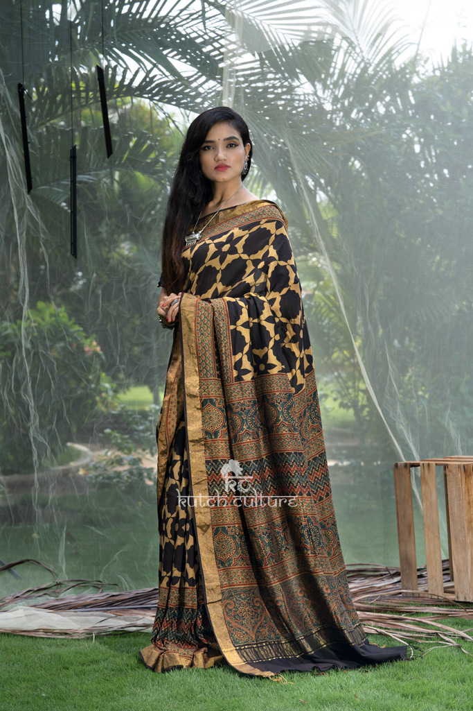 Shailja-Muga silk ajrakh hand block print saree – Green/Black
