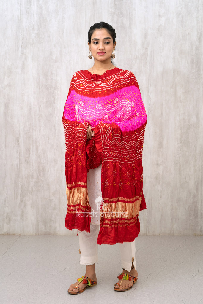 Pink and Red Gajji Silk Chandrokhani Bandhni Dupatta