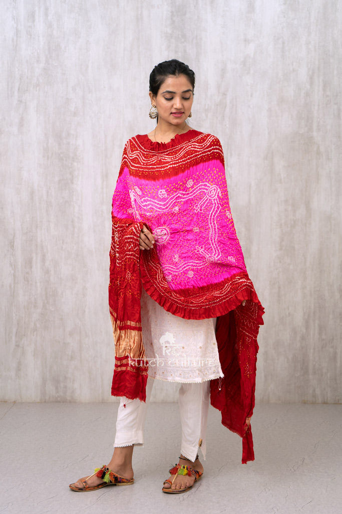 Pink and Red Gajji Silk Chandrokhani Bandhni Dupatta