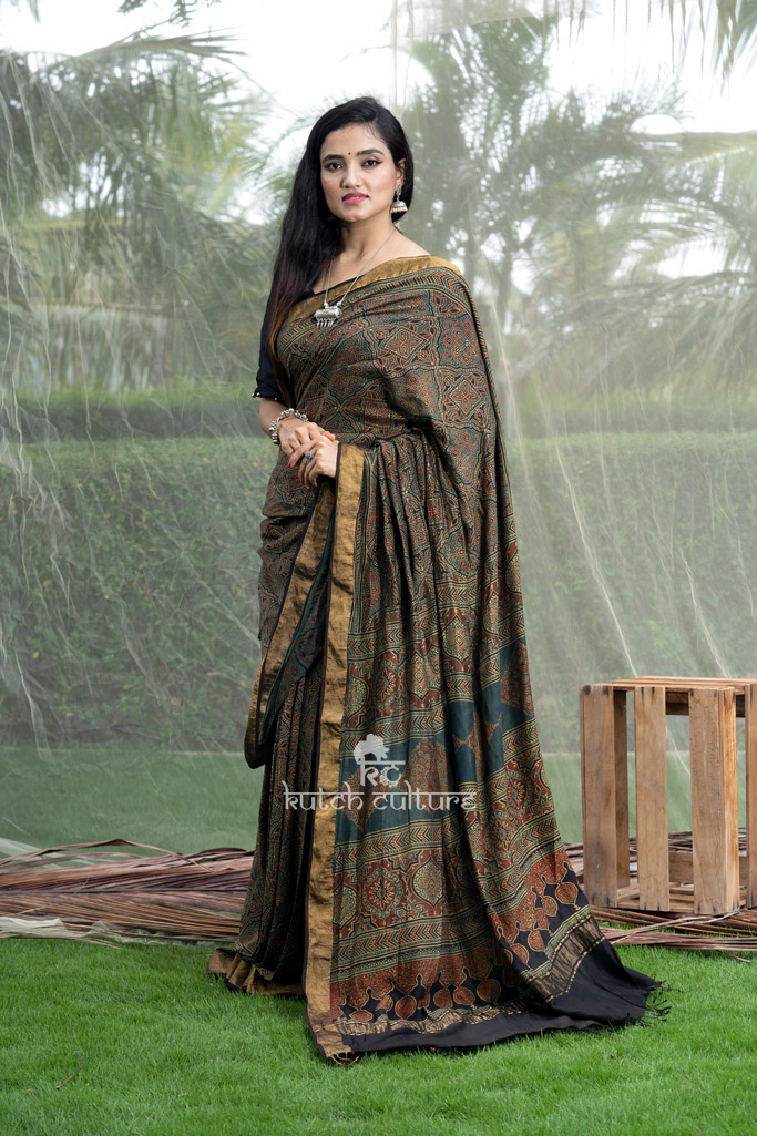 Shailja-Muga silk ajrakh hand block print saree – Green