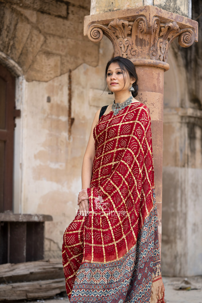 Red gajji silk gharchola bandhai with ajrakh saree