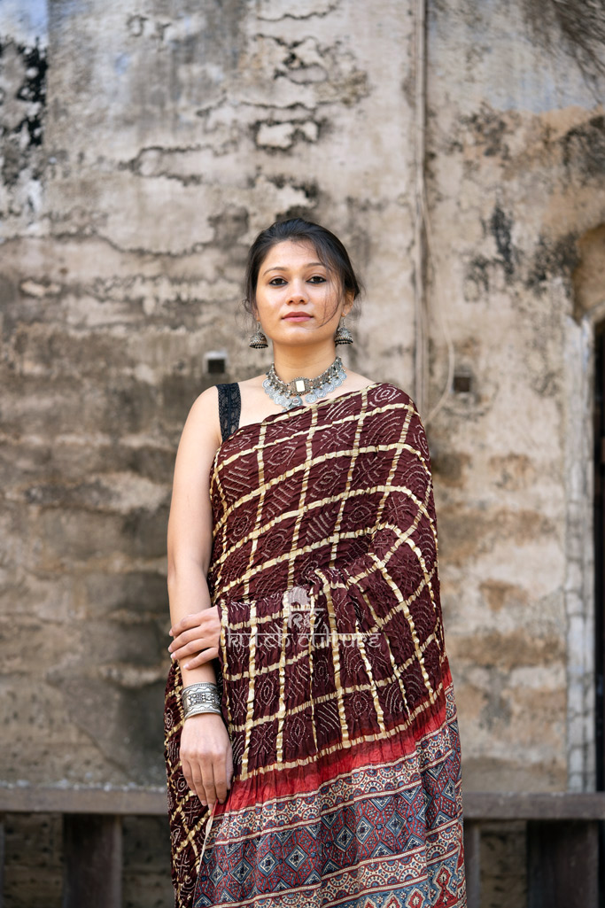Brown gajji silk gharchola bandhai with ajrakh saree