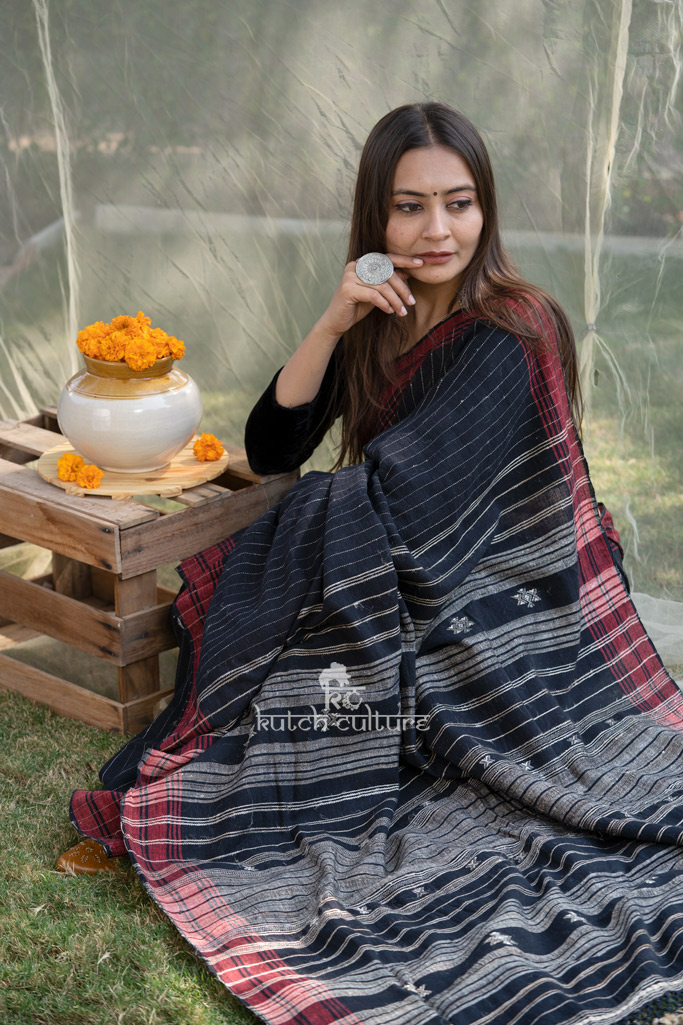 Black cotton tussar silk saree