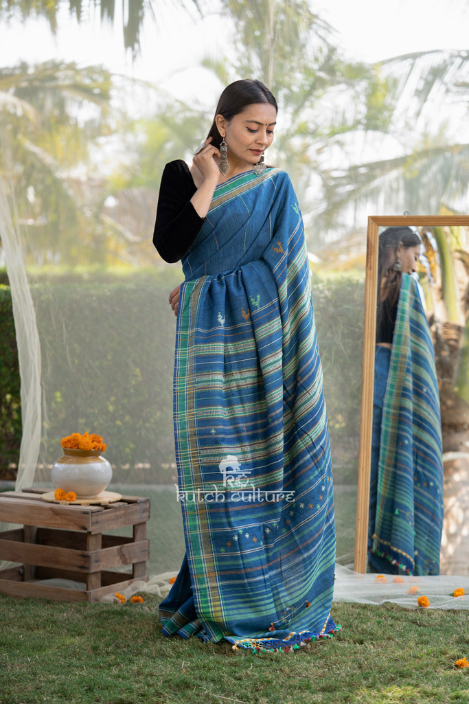 Party Wear Printed Sky Blue Cotton Polyster Saree, 5.5 m