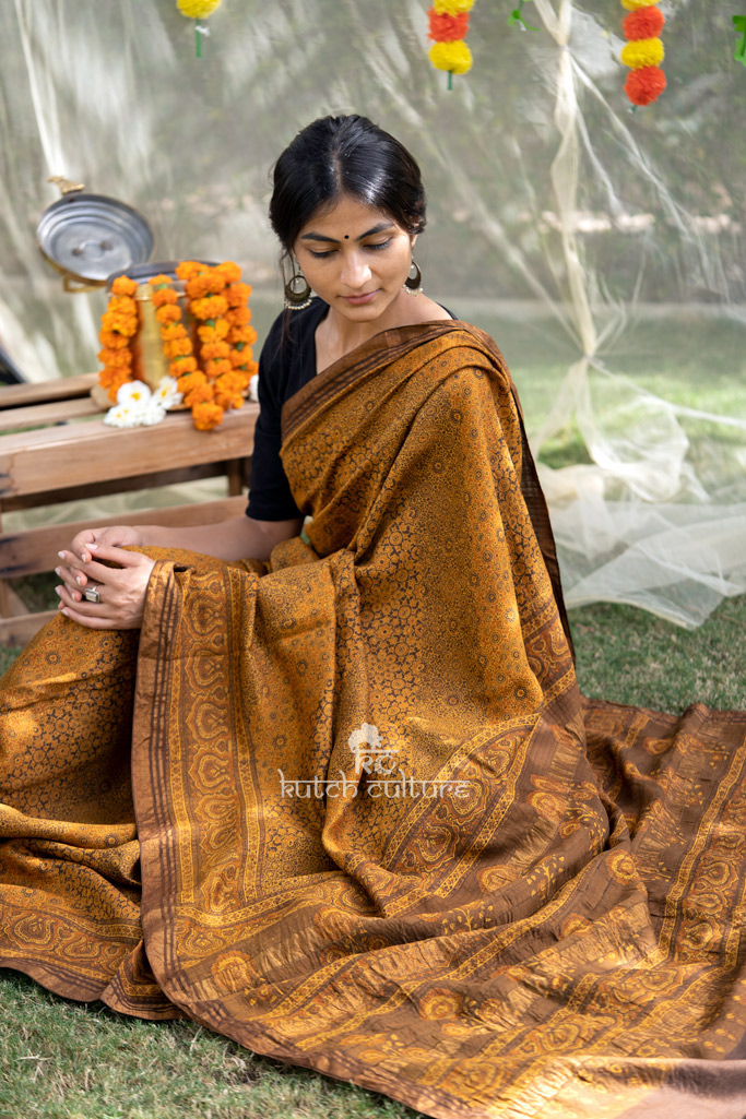 Yellow and brown eri silk ajrakh saree