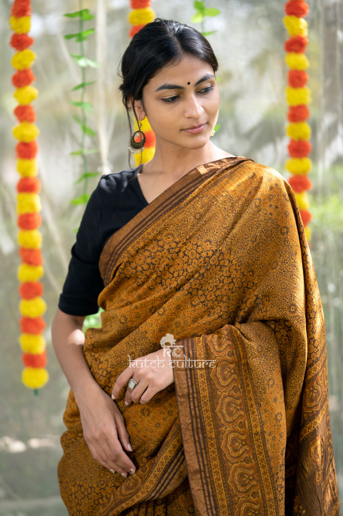 Yellow and brown eri silk ajrakh saree