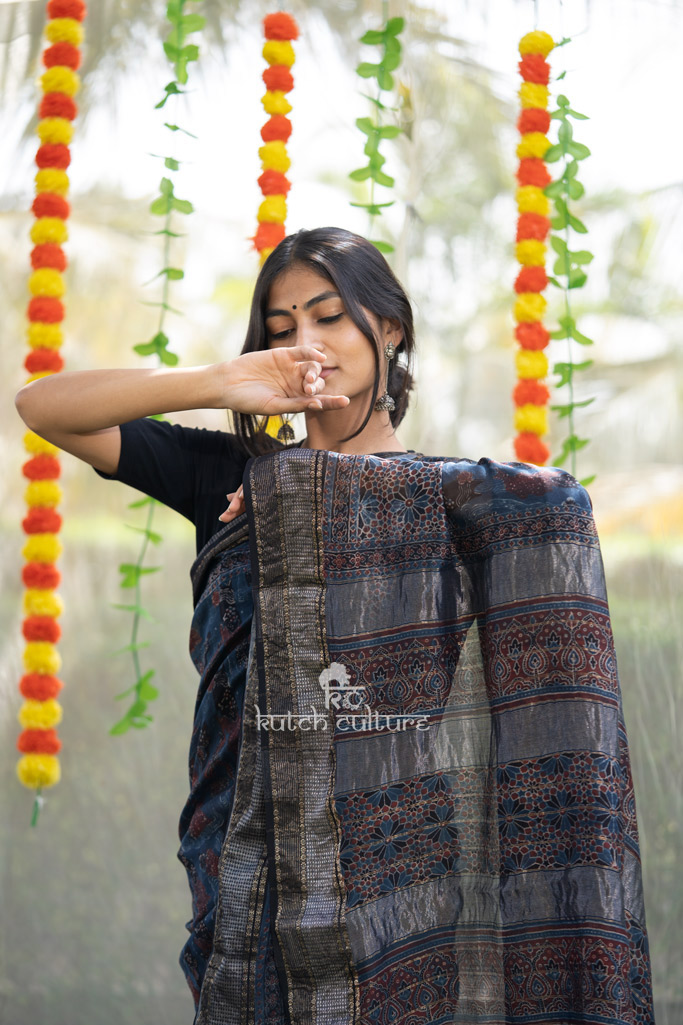 Designer maheshwari silk ajrakh saree