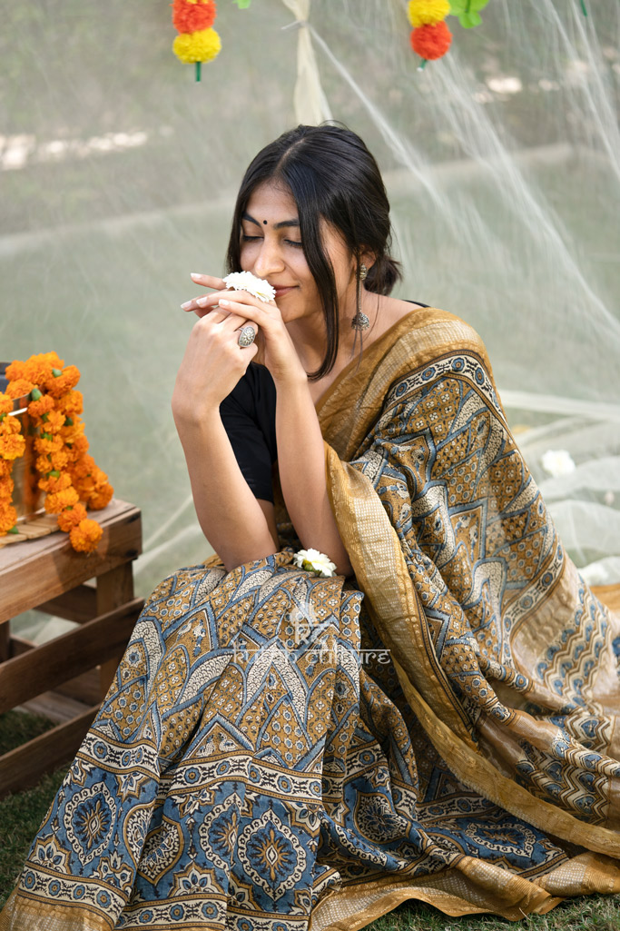 Indigo and yellow maheshwari silk ajrakh saree