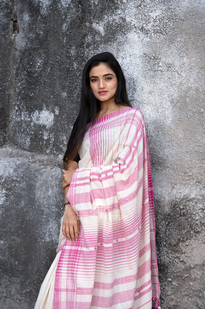 White and pink kala cotton saree