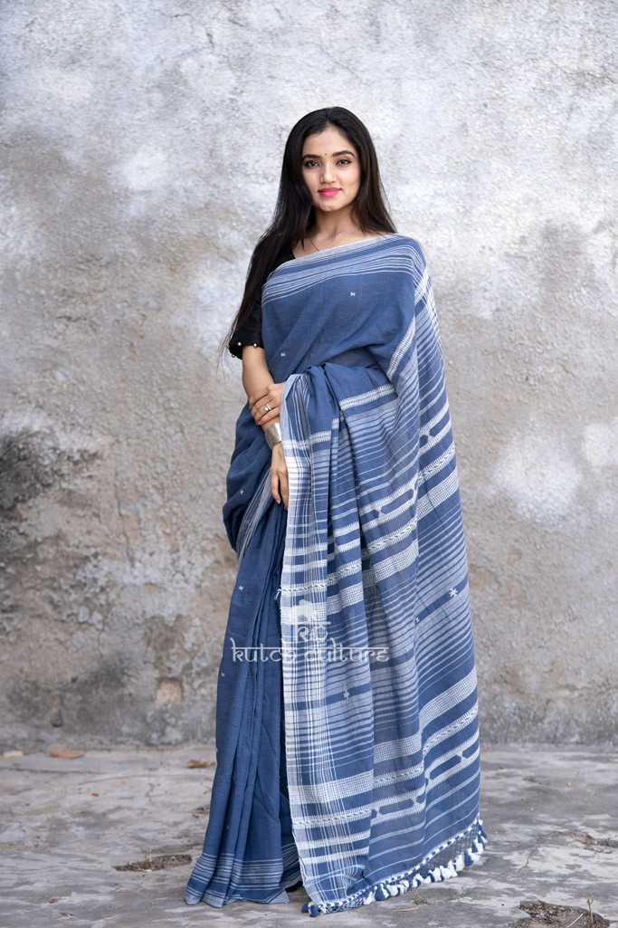 Blue and white pure cotton saree