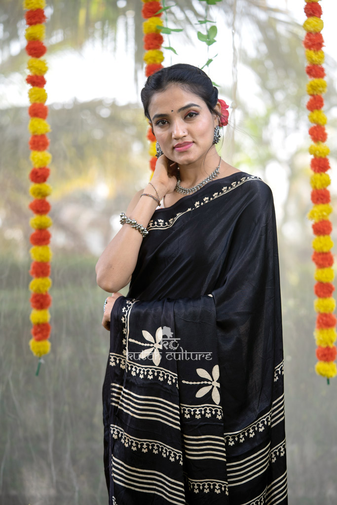 Black ajrakh modal silk saree