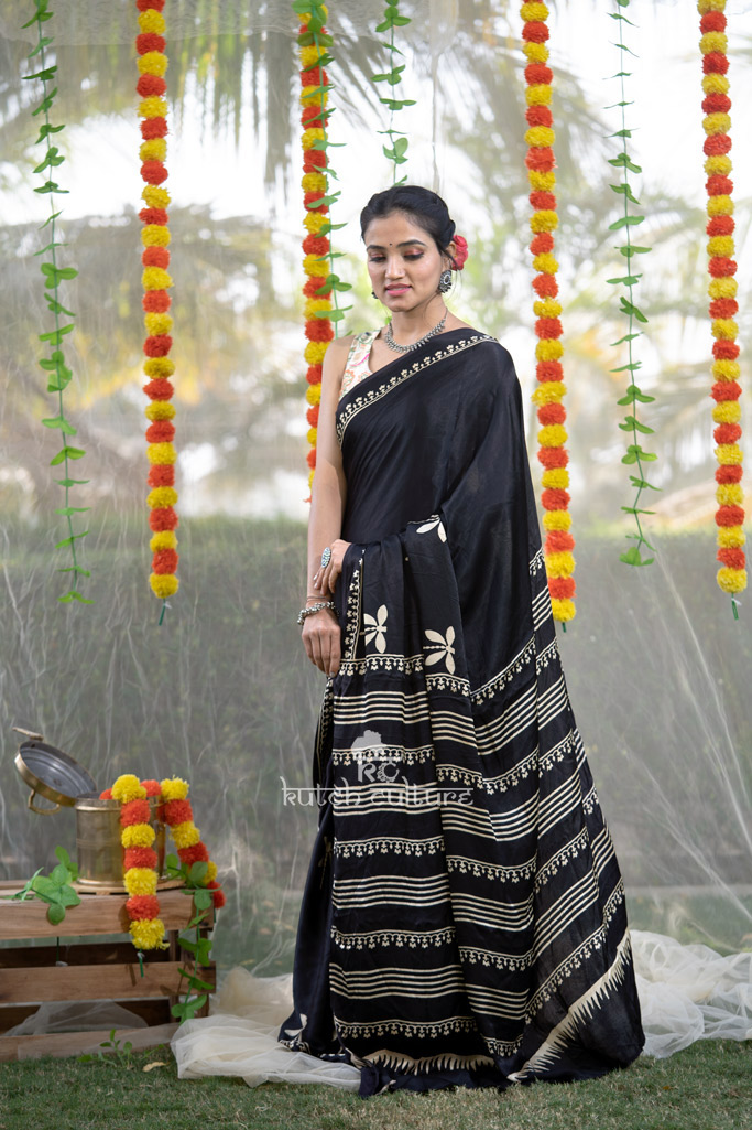 Black ajrakh modal silk saree