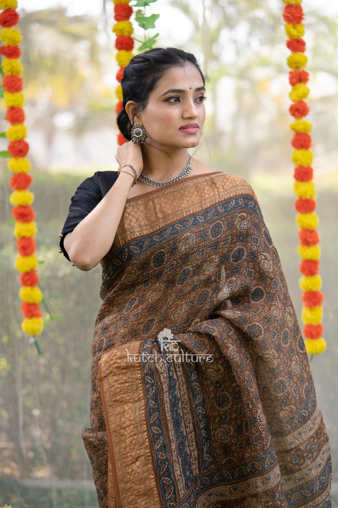 Brown ajrakh block print linen silk saree with zari weaving border