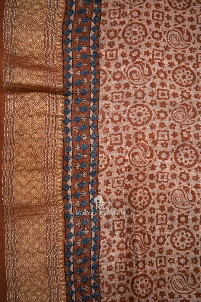 Buy red and blue linen silk saree | ajrakh saree | Kutchculture