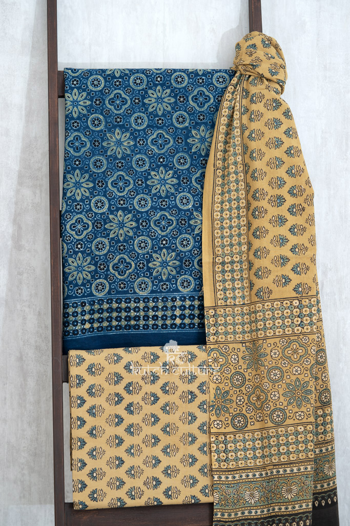 Blue and mustard designer unstitched kurta material
